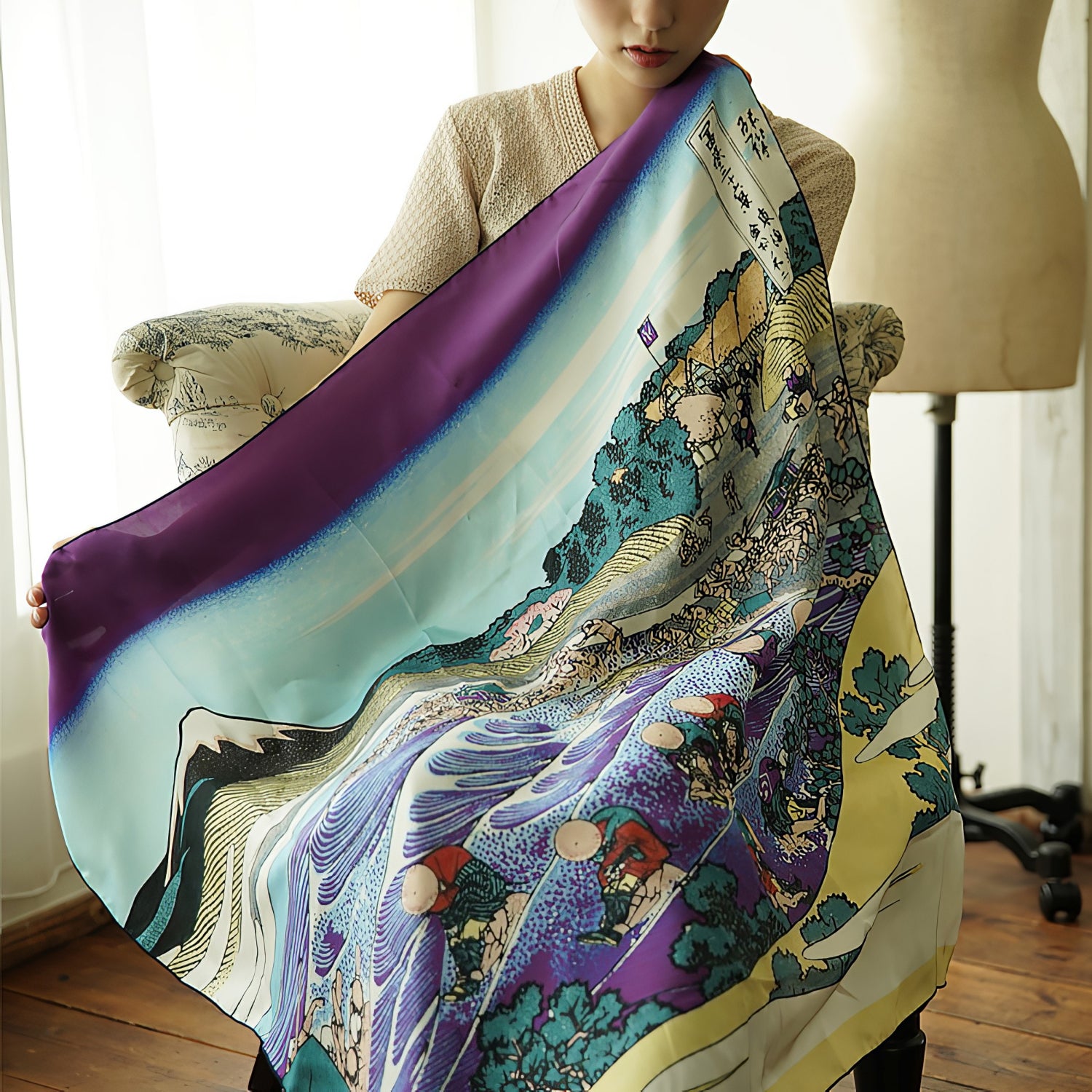 2nd image: Ukiyo-e Japanese Art Silk Scarf - Hokusai Katsushika , Multicolor | 1000-1004