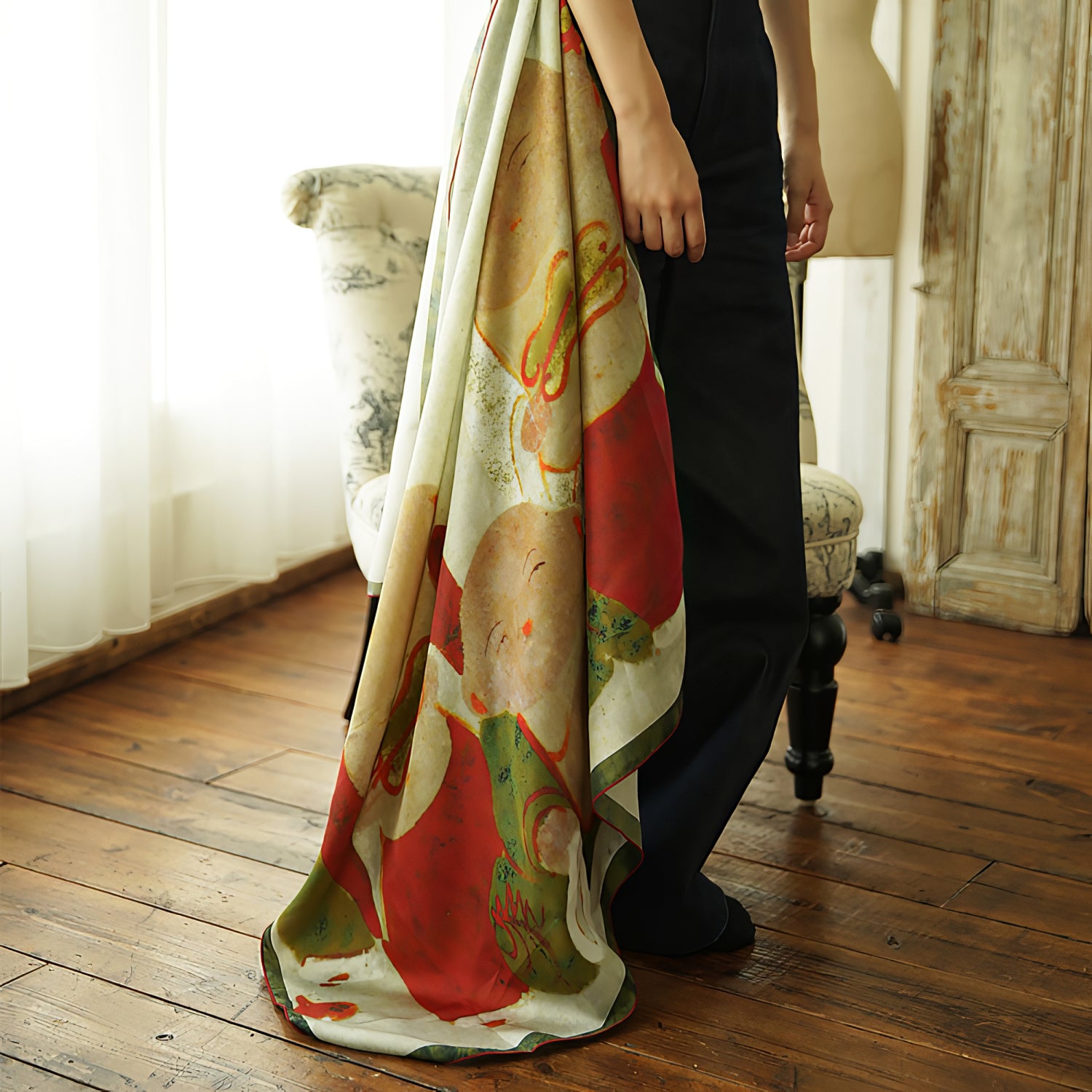 2nd image: Ukiyo-e Japanese Art Silk Scarf - Jakuchu Ito , Multicolor | 1000-1009